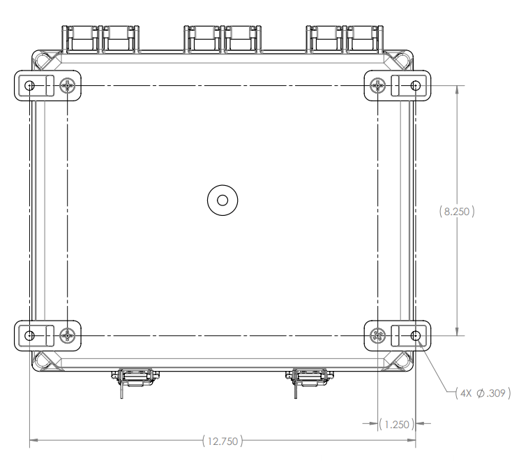 NXFM100 diagram, including height and width dimensions. The NXFM100 has four holes, so you can mount it in a variety of ways.