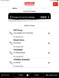 Fill-Rite Fuel Management System (FMS) App: Currently Fueling and Select A Pump screen