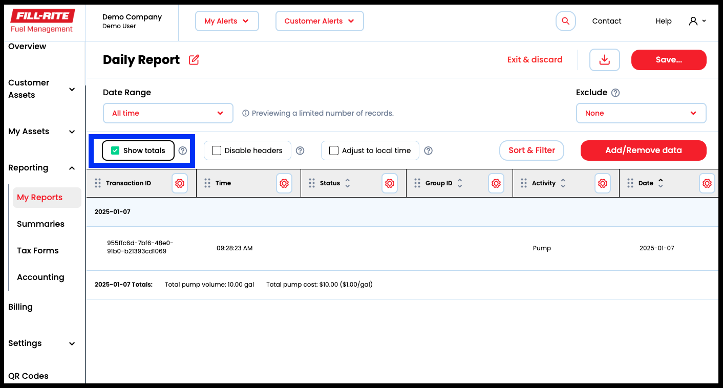 Step 4: Select Show totals to include Volume and Cost subtotals