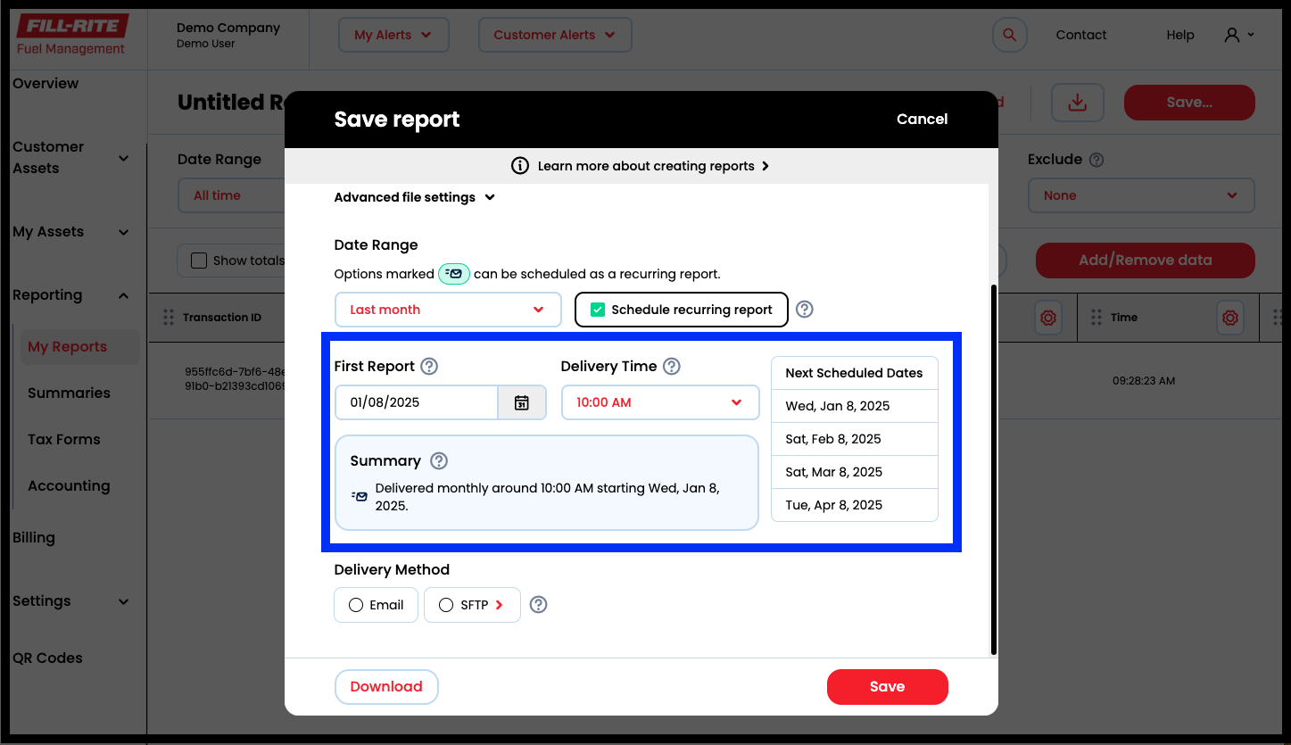 Choose a First Report date and Delivery Time.