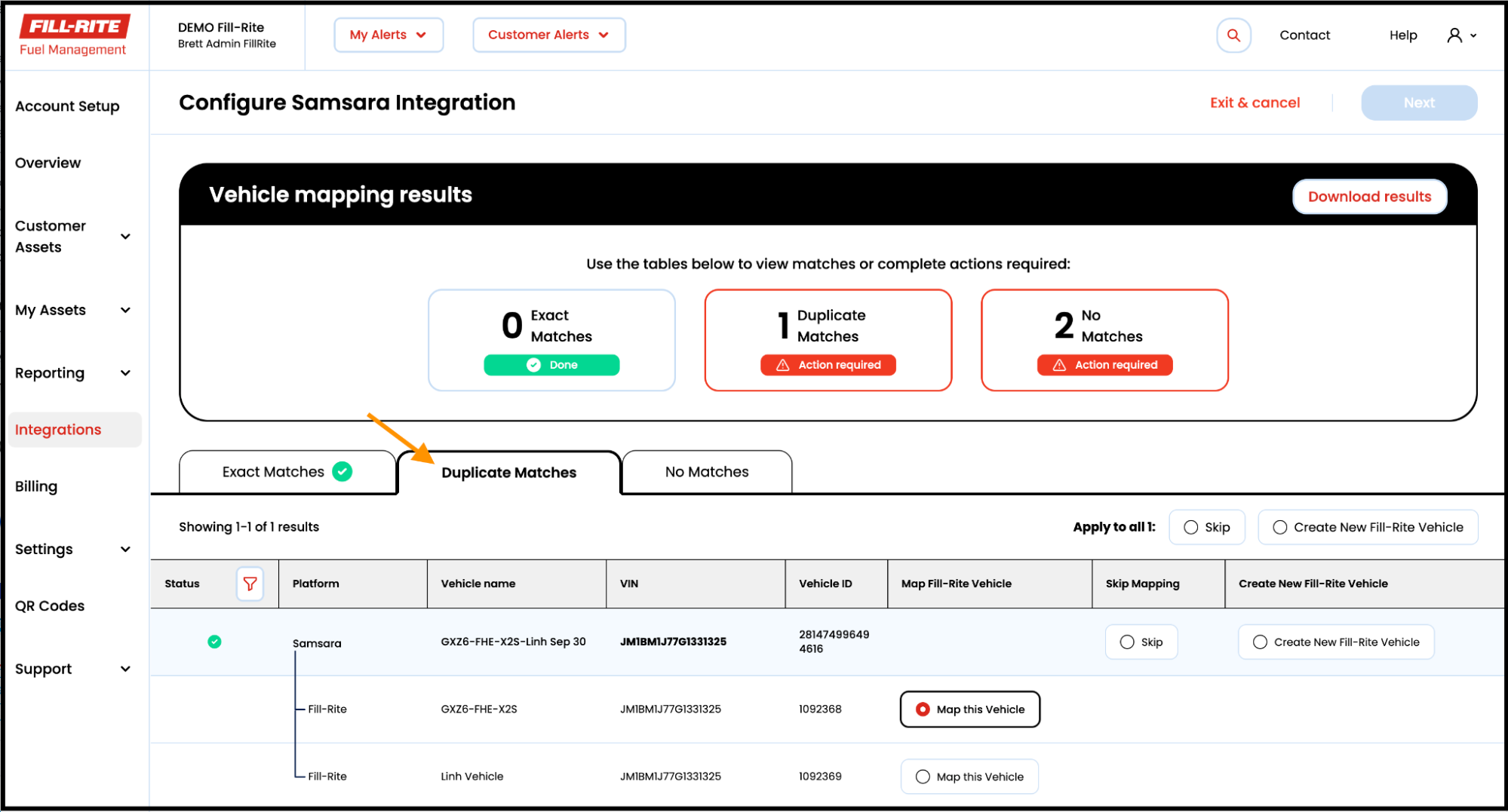 FMS-Samsara Integration 'Duplicate Matches' tab
