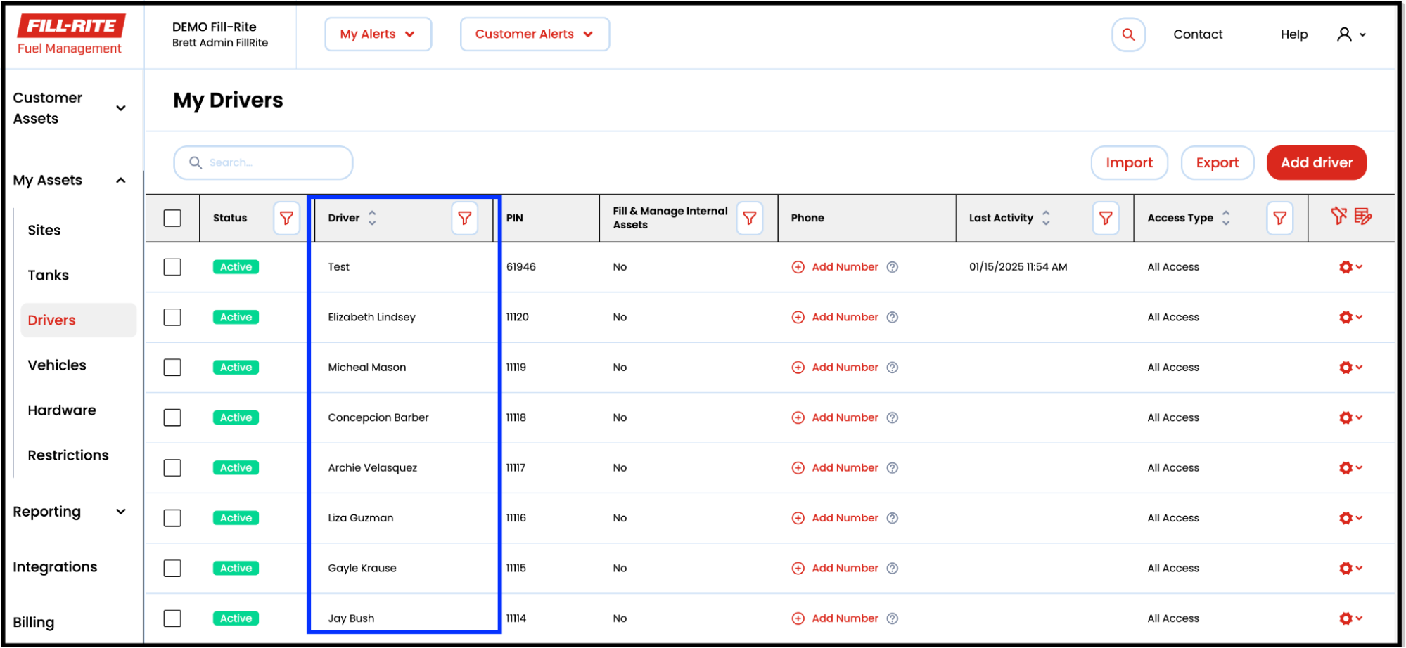 In My Assets, confirm that driver names are accurate