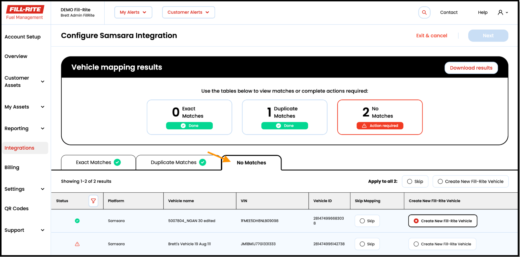 FMS-Samsara Integration 'No Matches' tab
