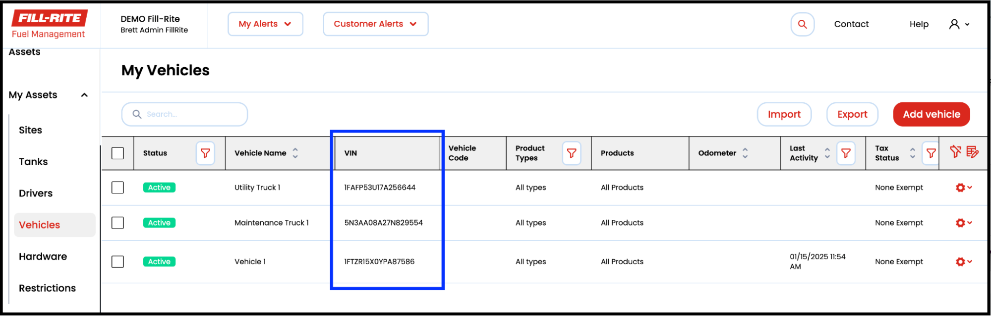 Go to My Assets, then Vehicles